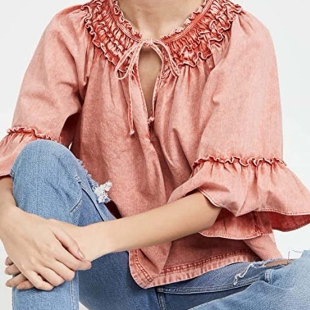 NWT Free People Ainsley Denim Top Smocked Bell Sleeve Blouse
